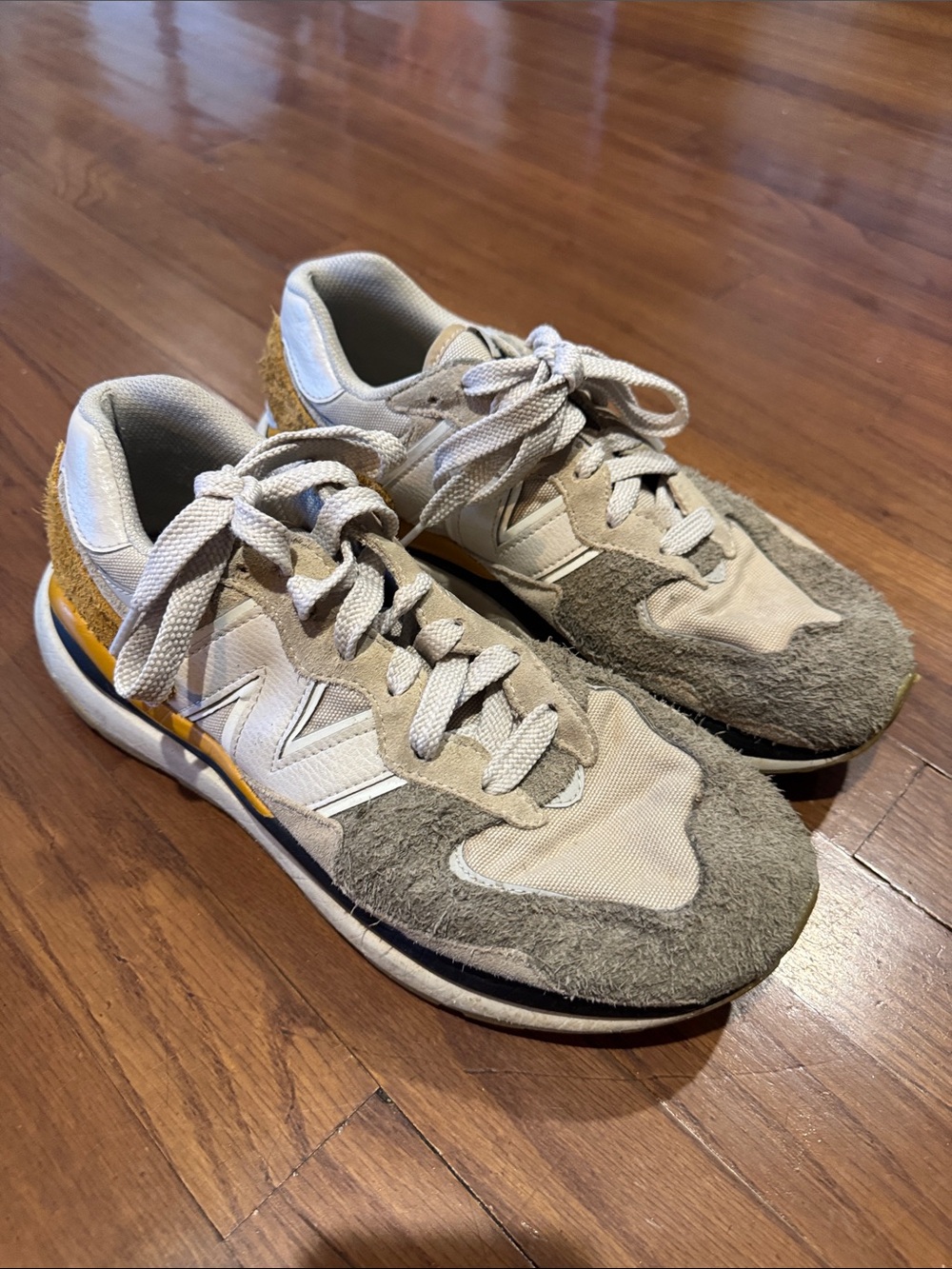New Balance Beige, Gray & Yellow Retro Running Sneakers